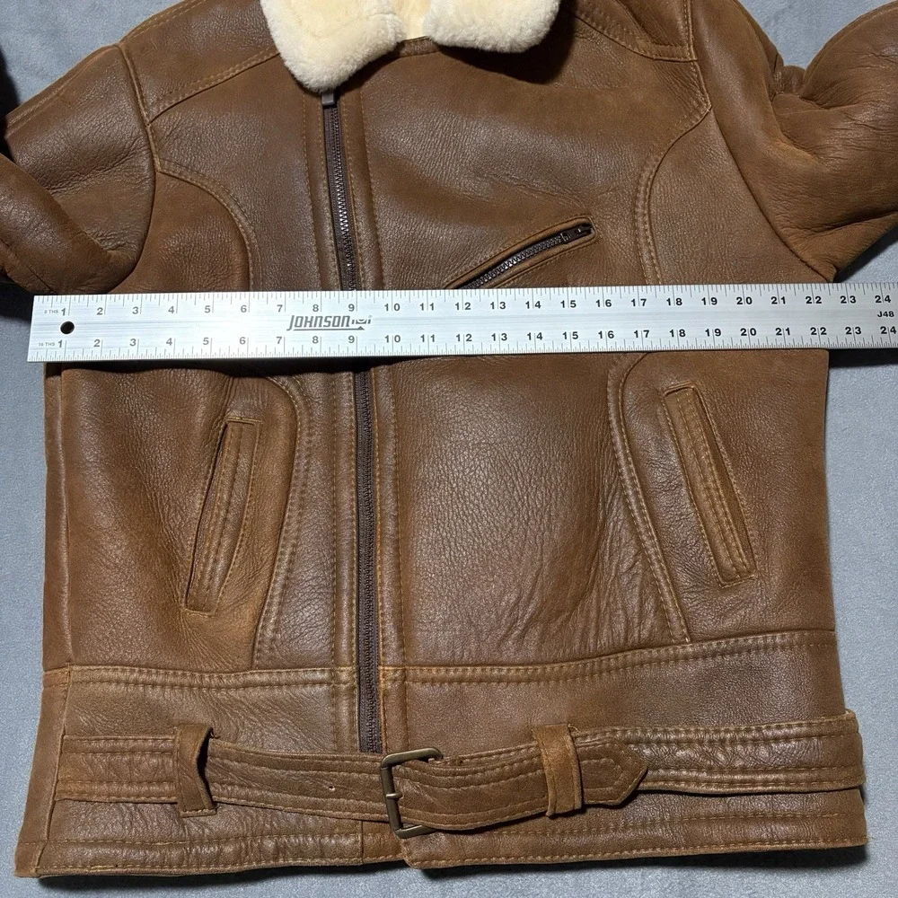 Shearling Lambskin B-3 Bomber Jacket Mens Size M Aviator Coat Brown Handmade NEW - Picture 10 of 16